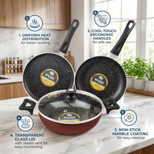 Image of BALTRA Induction Base Non-Stick Cookware Set 4 Pieces (1-Piece Non-Stick Kadhai (26cm) with Lid, 1-Piece Non-Stick Fry Pan (24cm), 1-Piece Non-Stick Dosa Tawa (24cm)) Red (BTN-211)