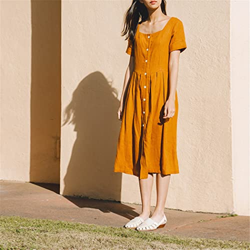 Robe d'été anti-transpiration en coton et lin jaune col carré M