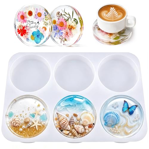 HeyClear Silicone Molds for Resin Coasters 6-Cavity Round Epoxy Resin Molds for Crafts DIY Tray Flower Bouquet Preservation Moldes para Resina Epoxica