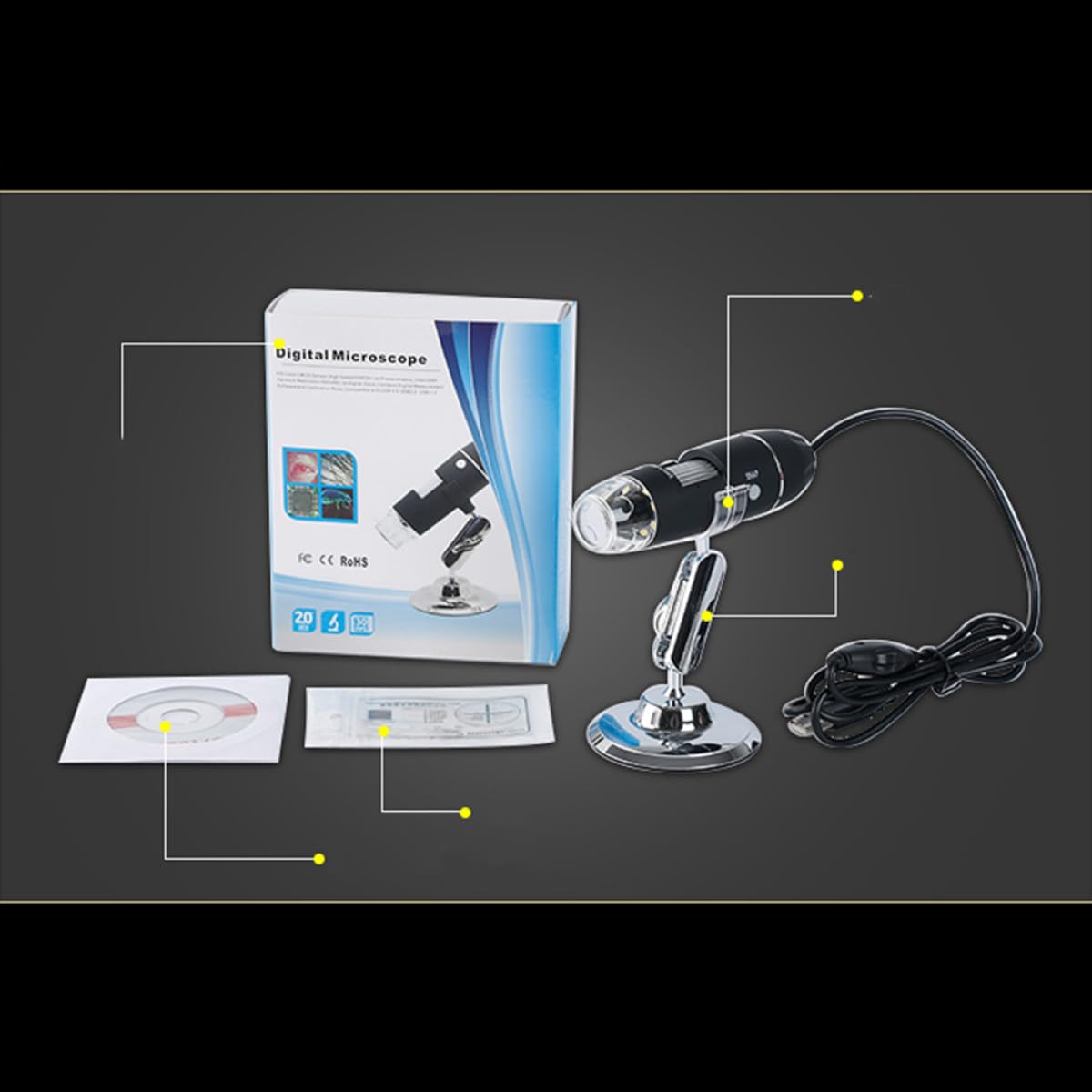 Microscopio Digital Aumento para Inspección y Exploración Microscópica USB Portátil 1600x con 8 Luces LED Ajustables, Soporte Adhesivo, Compatible con Windows XP/ /7/8