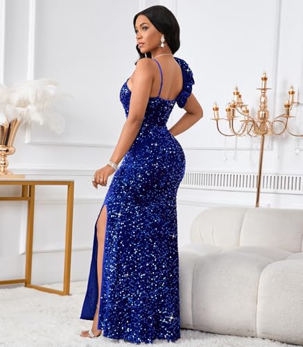 Image of Cololura Women Sexy Elegant Sequin High Split Ruffled Hem Mermaid Party Cocktail Bodycon Formal Evening Gowns Maxi Dress
