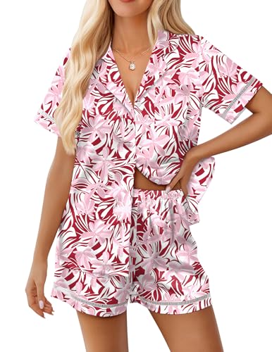 Image of Ekouaer Womens Silk Pajama Sets Button Up Satin Pjs Short Sleeve 2 Piece Pj Sets Cute Lounge Sets with Chest Pocket