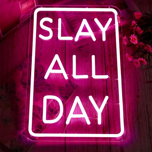Image of Slay All Day Neon Sign Dimmable Neon Signs for Wall Decor Pink LED Signs USB Light Up Sign Room Decor for Teen Girl Preppy Bedroom Living Room Y2K Coquette Cool Downtown Teenage Girl Room Decoration