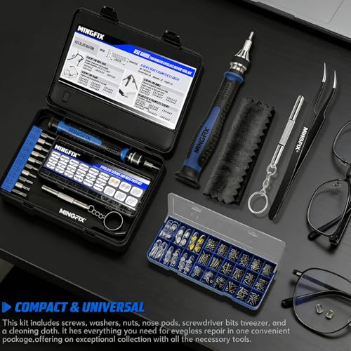 Eyeglass Sunglass Repair Kit,MINGFIX Magnetic Eye Glasses Repairing Tool Kit with Assorted Screws,Nose Pads,Small Screwdriver Bit Set & Tweezer with Mini Travel Case for Glasses,Sunglasses and Others — view 5