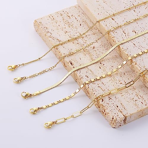 Image of DEARMAY Gold Bracelets for Women Waterproof Stackable Dainty 14K Gold Plated Rope Cuban Snake Paperclip Figaro Link Chain Pack Bracelet Adjustable Non Tarnish Fashion Accessories Jewelry Sets Gifts for Womens Mom