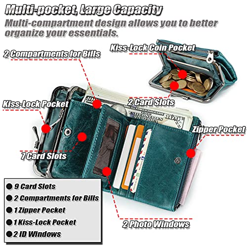 Small Bifold Wallet for Ladies, RFID Blocking Card Holder, Women's Genuine Leather Coin Purse with Kiss-Lock Pocket4