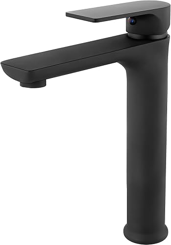Midanya Grifo de lavabo de baño, negro mate, grifo de lavabo alto para lavabo, grifo mezclador de lavabo de una sola manija, agujero único con