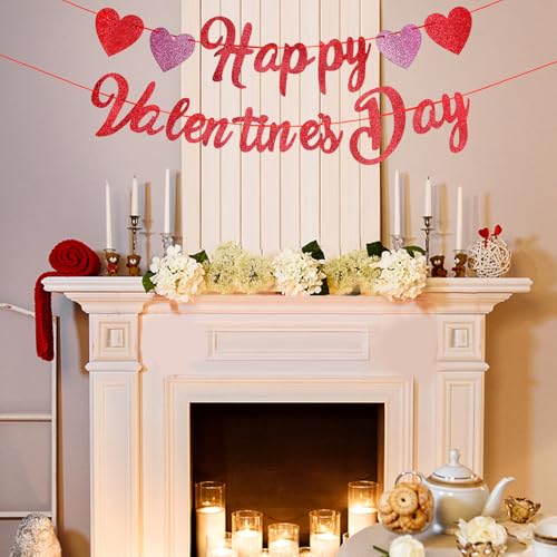 Image of Happy Valentine's Day Banner - Red Pink Glitter Valentine Banner Sign with Hearts Garland, NO DIY Required, Valentine's Day Outdoor Indoor Home Hanging Decorations