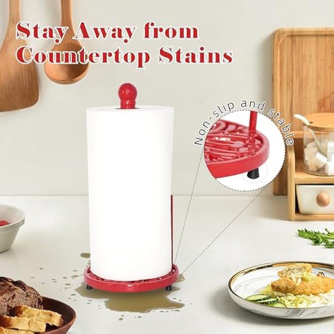 Vintage Paper Towel Holder - Cast Iron Red Roll Paper Towel Holder Stand for Kitchen Home Countertop