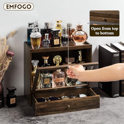 Emfogoo Organizador Perfumes Hombre, 3 Niveles Vitrina para Perfumes con Cajones, Organizador de Perfume de Madera, Expositor Perfume para Mostrar Joyas y Cosméticos, Gran Regalo (Rústico) - imagen 2