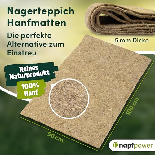 napfpower Hanfmatten für Nager (5 STK.) - Größe 100 cm x 50 cm, 5 mm Dicker Nagerteppich aus 100% Hanf - Nagermatten für Kaninchen, Hasen, Hamster - biologisch abbaubare Hanfmatte (5er Set)