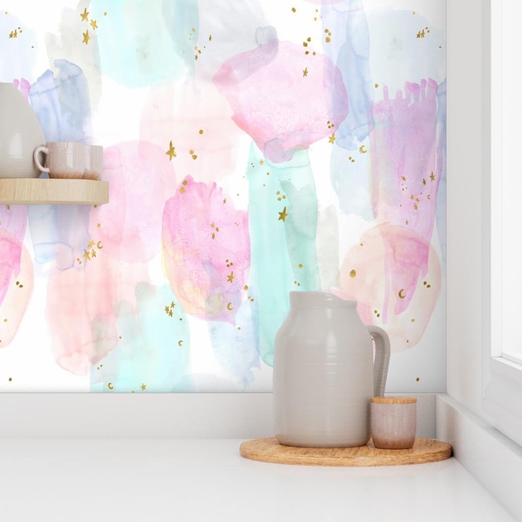 Peel & Stick Wallpaper 3ft x 2ft - Rainbow Stars Watercolor Abstract Gold Pastel Baby Girl Hippie Custom Removable Wallpaper by Spoonflower