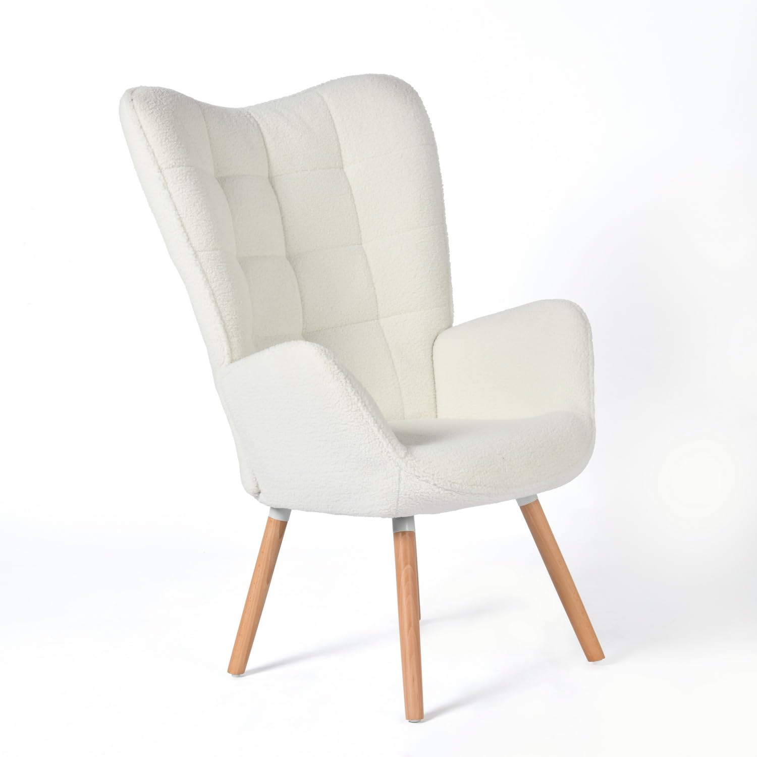 Fauteuil en Peau de Mouton Beige avec Assise Rembourrée pour Salon Chambre à Coucher Chaise de Loisirs Scandinave avec Dossier Épais Pieds en Bois Massif un Design Élégant de Coutures Grille