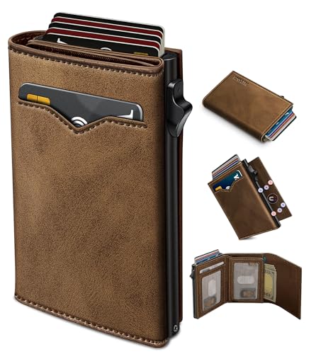 Image of miyozi Wallet for Men,with Cash Pocket 2 ID Window 9-13 Cards,Metal Case Smart Slim Pop Up Credit Card Holder Flip with Magnetic Closure RFID Blocking Trifold wallet with Gift Box