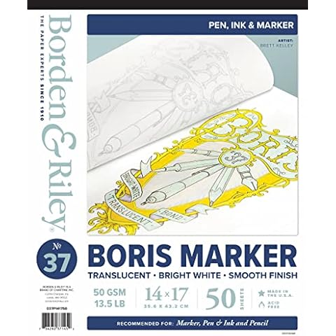 Borden & Riley 14" x 17" #37 Boris Marker Layout Bright White Translucent Bond Paper Pad, 50 GSM/13.5 LB, 50 Sheets, 1 Pad Each Cover