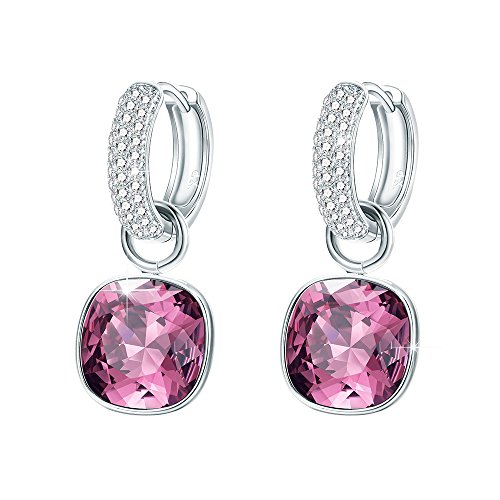 XUPING Luxury Hoop Crystal Earrings Silver Drop Earrings Small Huggie Dangle Earrings for Women and Girls Crystals Fashion Jewelry Gifts(Crystal Rose)