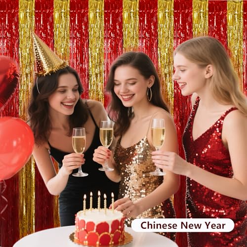 Image of BEISHIDA Red Gold Door Streamers Backdrop Foil Fringe Tinsel Party Streamers Curtains Photo Backdrop for Birthday Graduation Christians Party Decoations