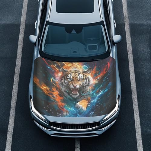Image of 59x39 Inch Cool Tiger Print Hood Cover for Compact Sedan SUV Trucks Stretchable Car Hood Wrap Blankets Auto Banner Waterproof Auto Exterior Accessories