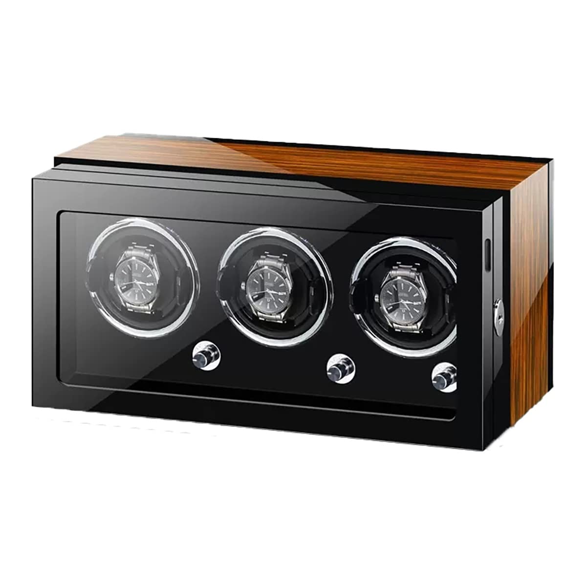 Uhrenbewegerbox für Automatikuhren (4, 6, 9) mit LED-Beleuchtung und leisem Motor. Uhrenbox in Klavierlackoptik aus Holz mit verstellbaren Uhrenkissen und Drehmechanismus，Brown-3+0