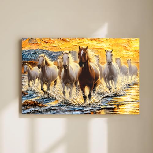 Image of PAINTINGMANTRA 9 Running Horses Vastu Stretched Canvas Painting For Living Room| Strength & Forward Energy Nine Horse Painting for Bed Room, Home & Office, 22x34 Inch