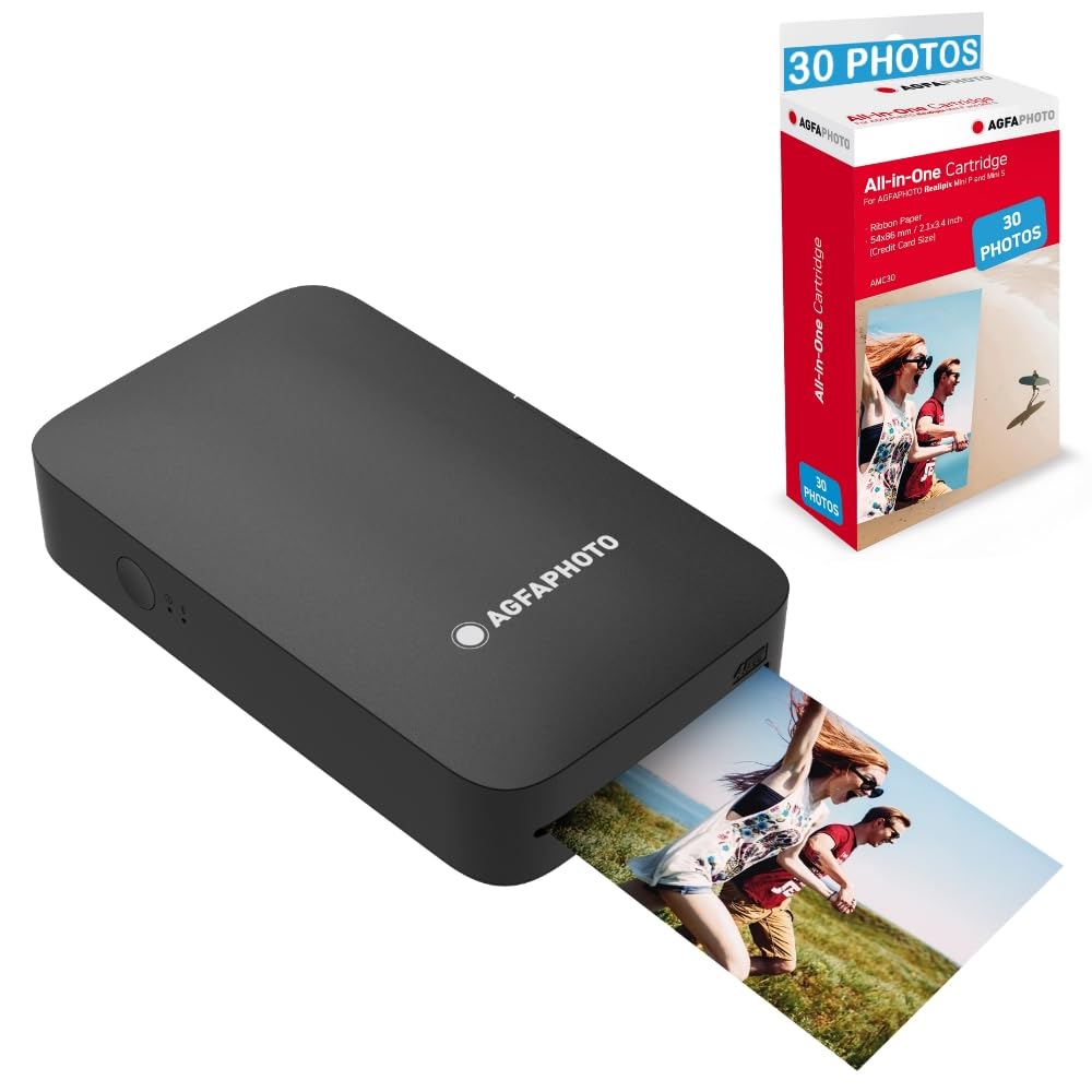 AGFA PHOTO Pack Imprimante Realipix Mini P + Cartouches Papiers pour 30 Photos - Imprimante Photo 5,3 x 8,6 cm Bluetooth - Sublimation Thermique 4Pass Noir