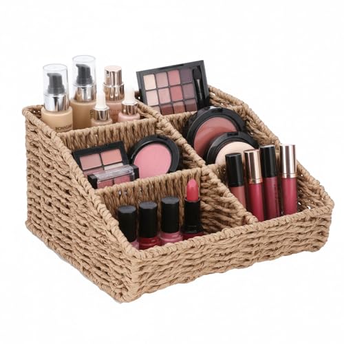 Image of Makeup Organizer, Hand-woven Wicker Basket for Dresser Vanity and Bathroom Countertop, 6 Compartment Skincare Organizer Cosmetic Display Case, Beauty Holder for Lipstick Brush Eyeshadow Palette