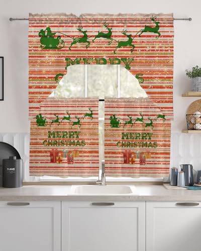 Christmas Sleigh Elk Swag Kitchen Curtain Sets with Valance,3 Pieces Rod Pocket Curtain Drapes for Bedroom Living Room Bathroom Cafe Windows,Red Stripes Gold Snowflake 56''x36'' & 24''x27.5''x2Panels