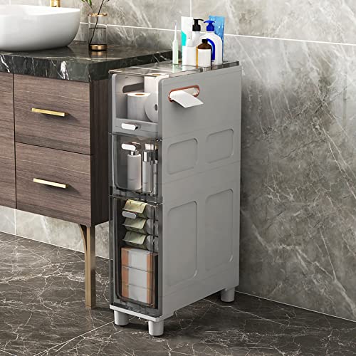 Torre de almacenamiento delgada de 5 cajones para baño con cajones transparentes y ruedas, armario estrecho de papel higiénico para espacios pequeños