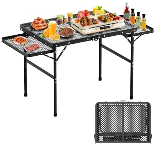 Folding Camping Table with 2 Extra Desktop, Height Adjustable Portable Grill Table, Metal Outdoor...