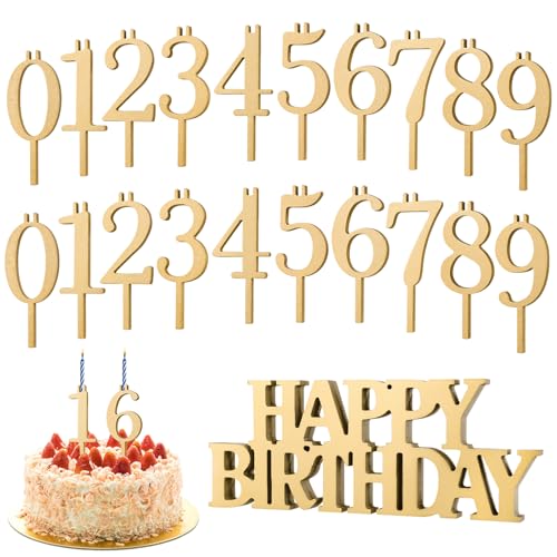 RivClear 20Pcs Wooden Number Candle Holder with Happy Birthday Sign(Golden)