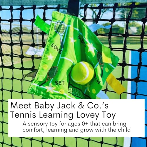 Image of Baby Jack & Co 10x10 inch Tennis Sports Lovey Sensory Plush Blanket - Tag Toys for Babies - Baby Stroller Toys - Learn Shapes, Letters & Colors - Perfect MVP Baby Toy & Baby Sports Gift w /Stroller Clip