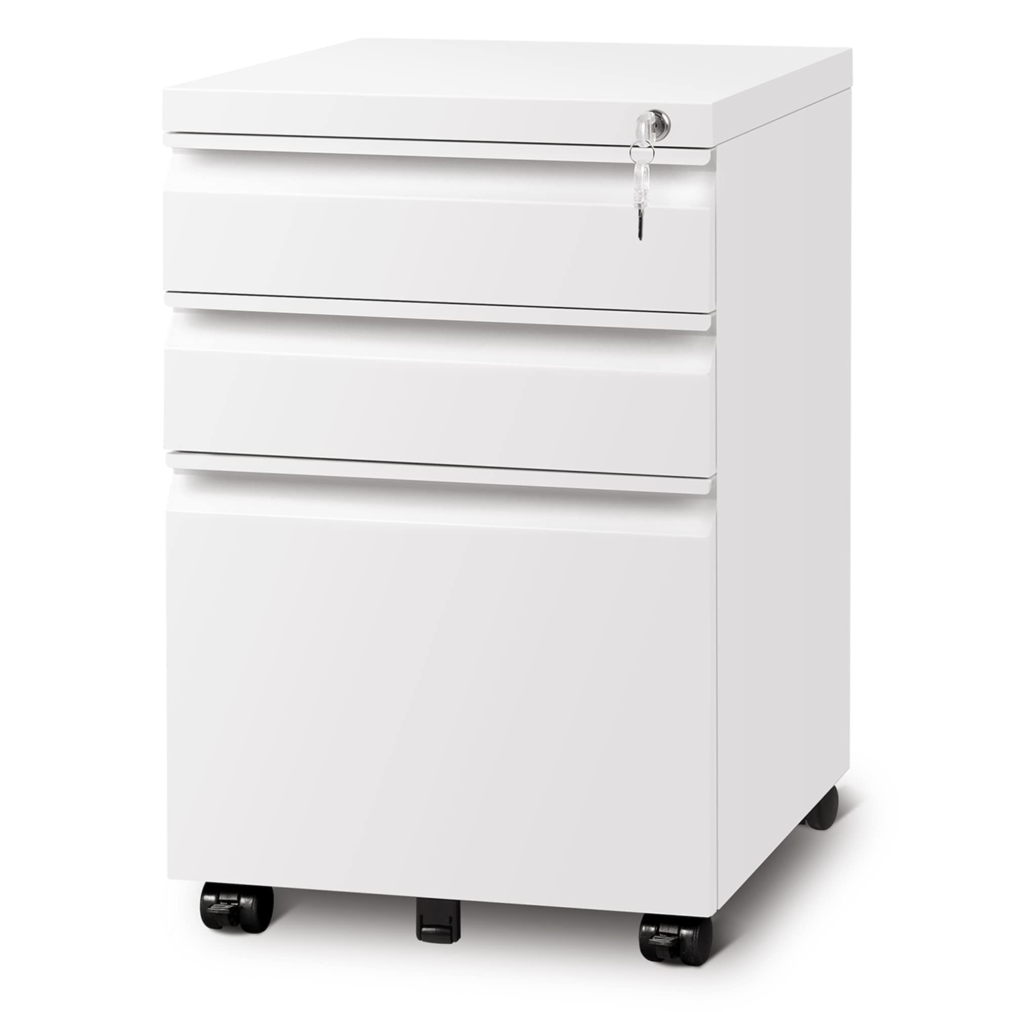 DEVAISE デスクワゴン サイドワゴン オフィスワゴン 3段オールロック 大容量 幅390*奥行480*高さ600mm サビ止め塗装 ホワイト