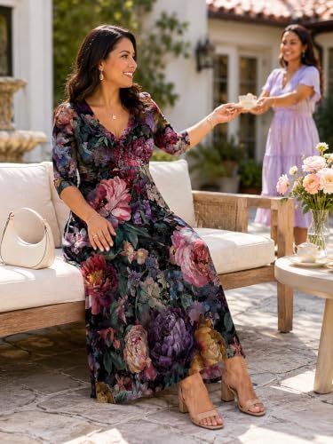 Image of SUZONANA Plus Size Dresses for Women Floral Print Maxi Dress Flowy 3 /4 Sleeve with Belt