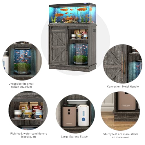Image of Hlivelood Farmhouse 20 Gallon Fish Tank Stand with Power Outlet, Aquarium Stand w /Cabinet&Sliding Barn Door, Heavy Duty Reptile Tank Stand for Fish /Turtle /Reptile Terrarium, 1000LB Capacity, Grey