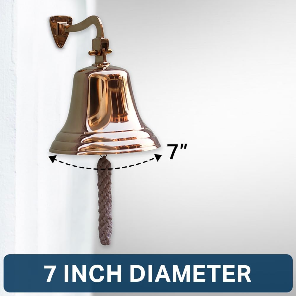 Solid Brass Wall Mounted Ship Hanging Bell for Reception, School, Outdoor,Indoor, Dinner & Chruch - 7 Inch by The Metal Magician