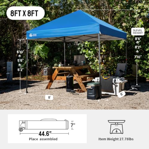 Image of CROWN SHADES 8x8 Pop Up Canopy - Patented Center Lock One Push Instant Outdoor Canopy Beach Tent with STO-N-Go Bag 8 Stakes & 4 Sand Bags,Blue