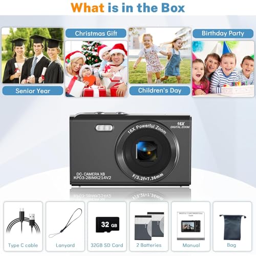 Image of Digital Camera, FHD Kids Cameras for Photography, 4K 44MP Compact Point and Shoot Camera for Kids, Teens and Beginners with 32GB SD Card, 2 Rechargeable Batteries (CAM26)