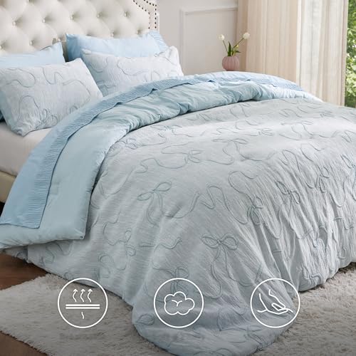 Image of Bedsure Dasty Blue Full Size Comforter Sets for Girls, GentleSoft 3 Pieces Bow Comforter with 2 Pillow Shams, Cute Girls Full Size Bedding Sets Room Decor Aesthetic Bedroom Decor, 82x86 Inches