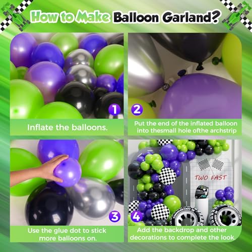 Image of Monster Truck Balloon Arch Garland Kit 156pcs, Green Purple Black Silver Big Wheels Race Car Balloons Arch Kit for Two Fast Theme Boy Birthday Anniversary Monster Truck Party Decorations