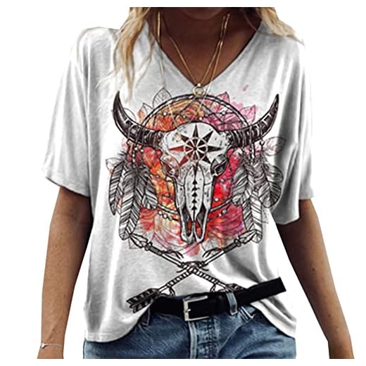 WAEKQIANG Dam sommar kortärmad vintage tryck geometrisk v-ringad kortärmad t-shirt topp, m9, L