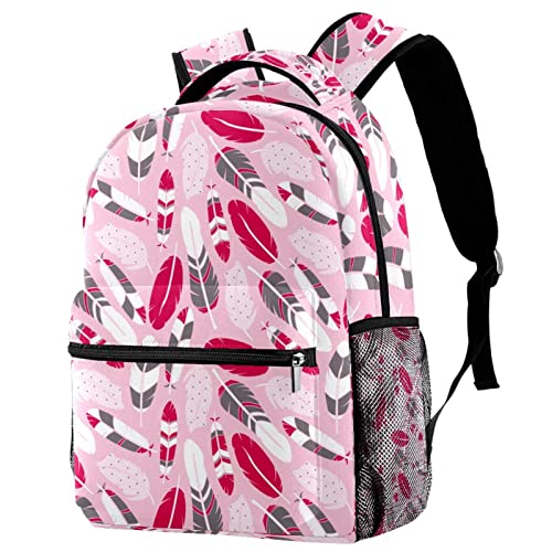 Sac à dos voyage rose avec porte-bouteille pratique et motif plumes chic