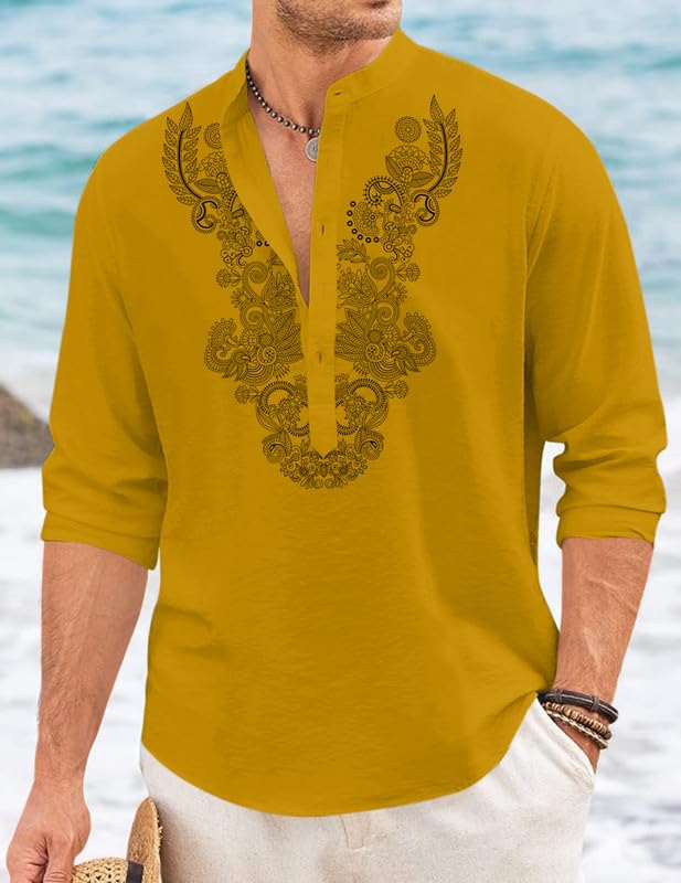 Image of FINIVO FASHION Men's Cotton Blend Short Kurta with Full Sleeves and Ethnic Neck Design | Casual Crinkle Texture Kurta with Mandarin Collar