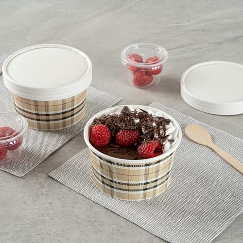 Image of Restaurantware Coppetta 12 Ounce Dessert Cups, 50 Disposable Ice Cream Cups - Lids Sold Separately, Sturdy, Plaid Paper FroYo Bowls, For Hot And Cold Foods, Perfect For Gelato Or Mousse
