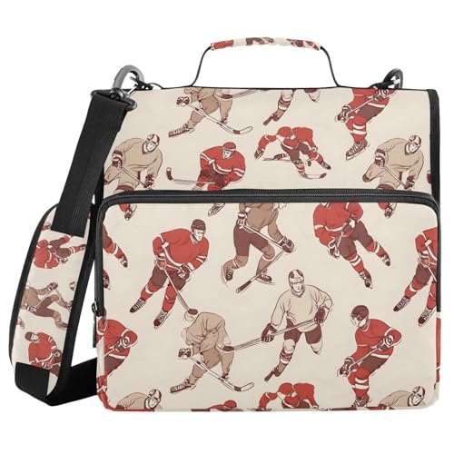 Image of 3 Ring Zipper Binder with Shoulder Strap Hockey Players Vintage Sport Ball 1.5 inch Binders Keeper Large Capacity Multi Pockets for School Office Supplies