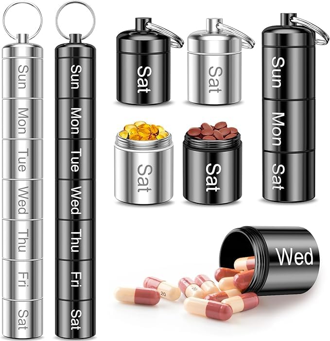 Pilulier hebdomadaire, 2 pilules par jour, petite boîte à pilules portable, porte-clés, boîte à pilules de , 2 pièces, boîte à pilules en métal, organisateur de pilules quotidien étanche for vitamines