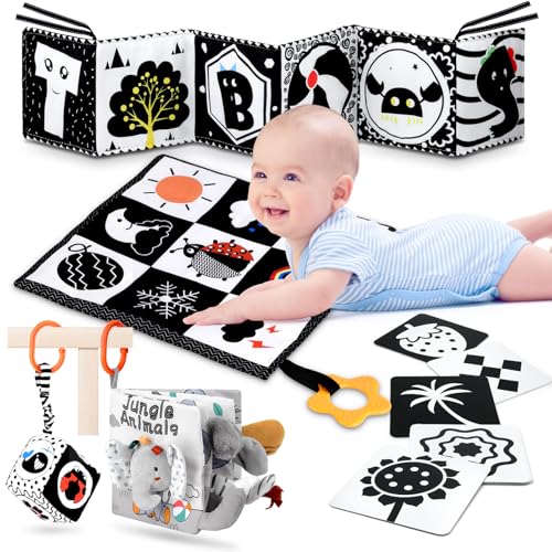 Image of 5 in 1 Black and White High Contrast Baby Toys 0-3 Months for Newborn, Tummy Time Toys Montessori Toys for Babies 0 3 6 9 Months - Infant Sensory Soft Book Toys for Babies Girls Boys Baby Gifts