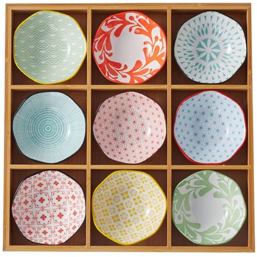 豆皿 小皿セット 陶器製 和風小皿3/4/6/9枚セット 天然木竹盆付き アイスクリーム皿/副菜皿/菓子皿 多用途調味料容器 末広がりデザイン お手入れ簡単 家庭用業務用おしゃれスタイル (荷口皿*9 (C))