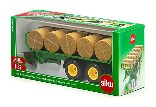 Siku 2891, Round Bale Trailer, 1:32, Metal/Plastic, Green, Incl. 15 Round Bales, Compatible With Standard Rear Hitch #TOP7