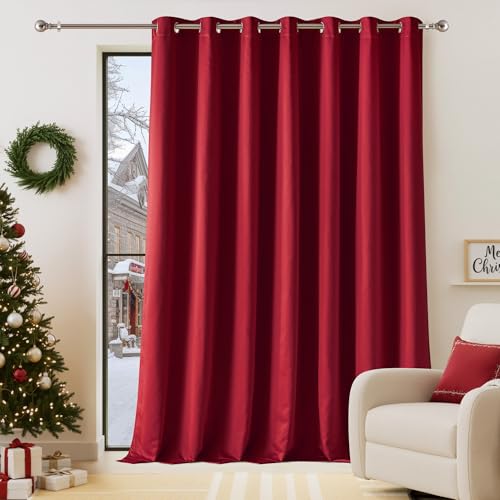 NICETOWN Thermal Insulated 100% Blackout Drape, Christmas Red, 1 PC, 100" x 84", Noise Reducing Performance Slider Faux Silk Curtain Panel with Black