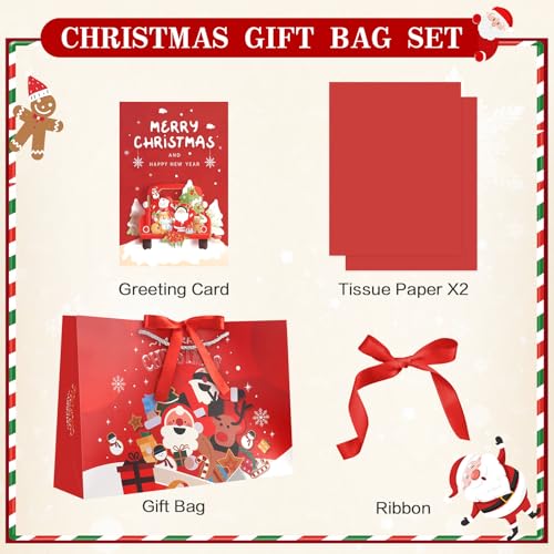 Image of JMANNI Christmas Gift Bags,1PCS Large christmas Gift Bag with Ribbon and 1 Greeting Card 2 Tissue Papers, Portable Paper Gift Bag with Handles, Reusable and Perfect For Your Xmas Presents （Red）